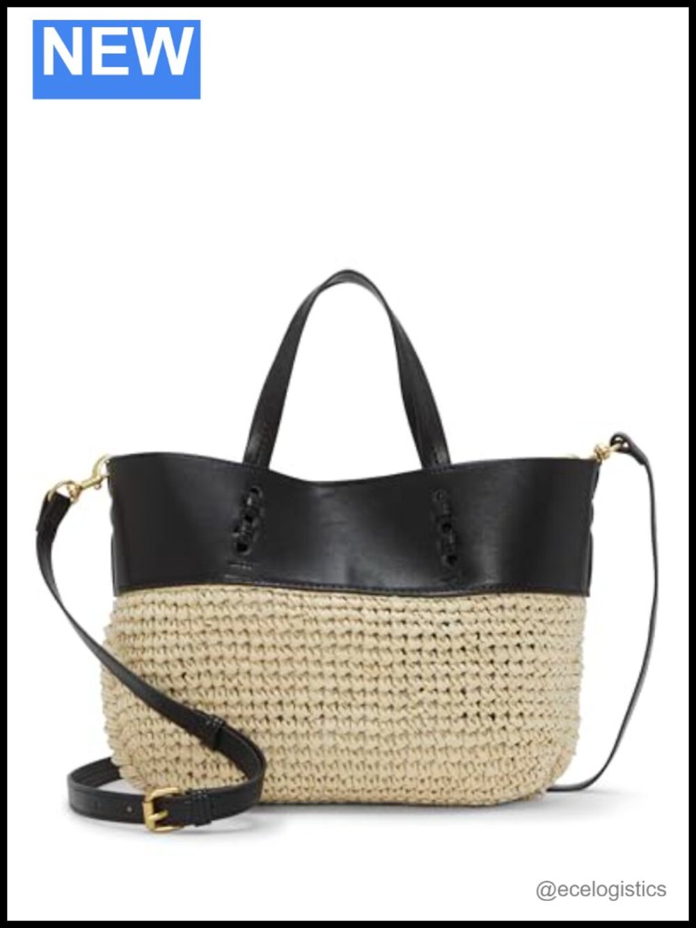 Vince Camuto Raffia Bucket Handbag with Snap Closure Adjustable Straps